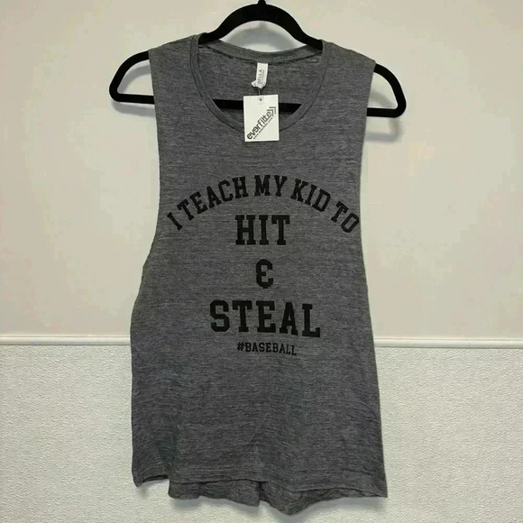 “NWT! “I teach my kid to hit & steal” #baseball Bella + Canvas Tank Top L Gray - Picture 1 of 9